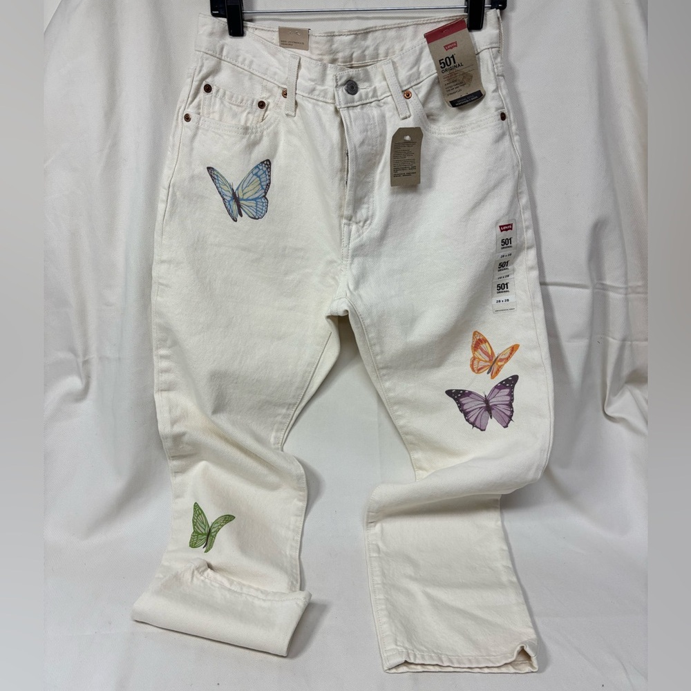Levi's White Straight Leg Jeans with Playful Butterfly Design